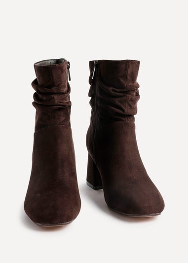 Linzi Zayda Wide Fit Brown Faux Suede Ruched Heeled Ankle Boot