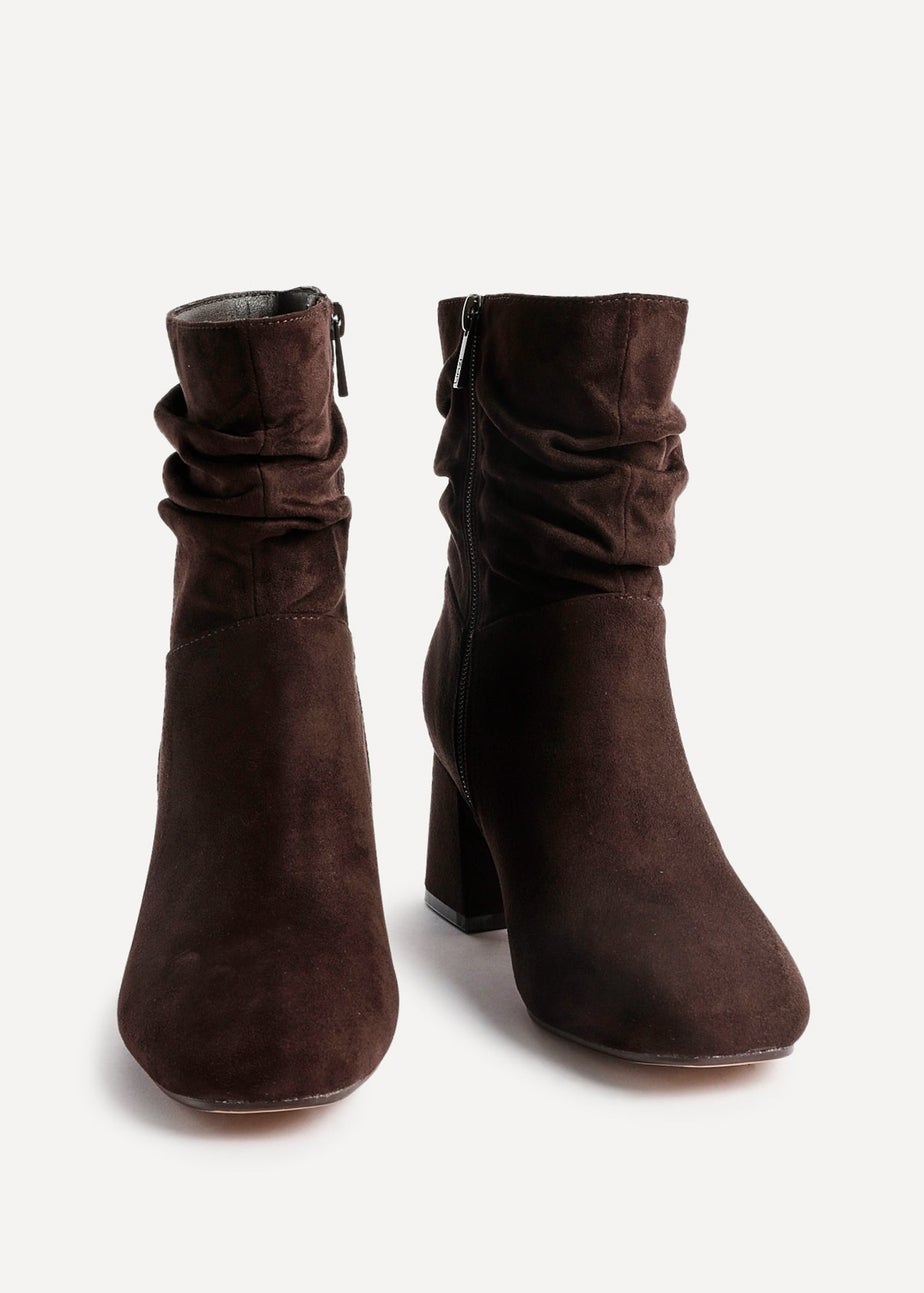 Linzi Zayda Wide Fit Brown Faux Suede Ruched Heeled Ankle Boot