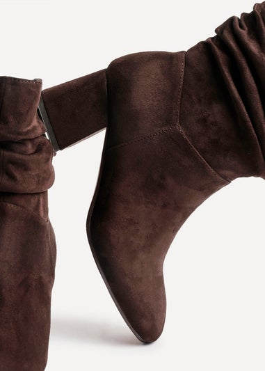 Linzi Zayda Wide Fit Brown Faux Suede Ruched Heeled Ankle Boot
