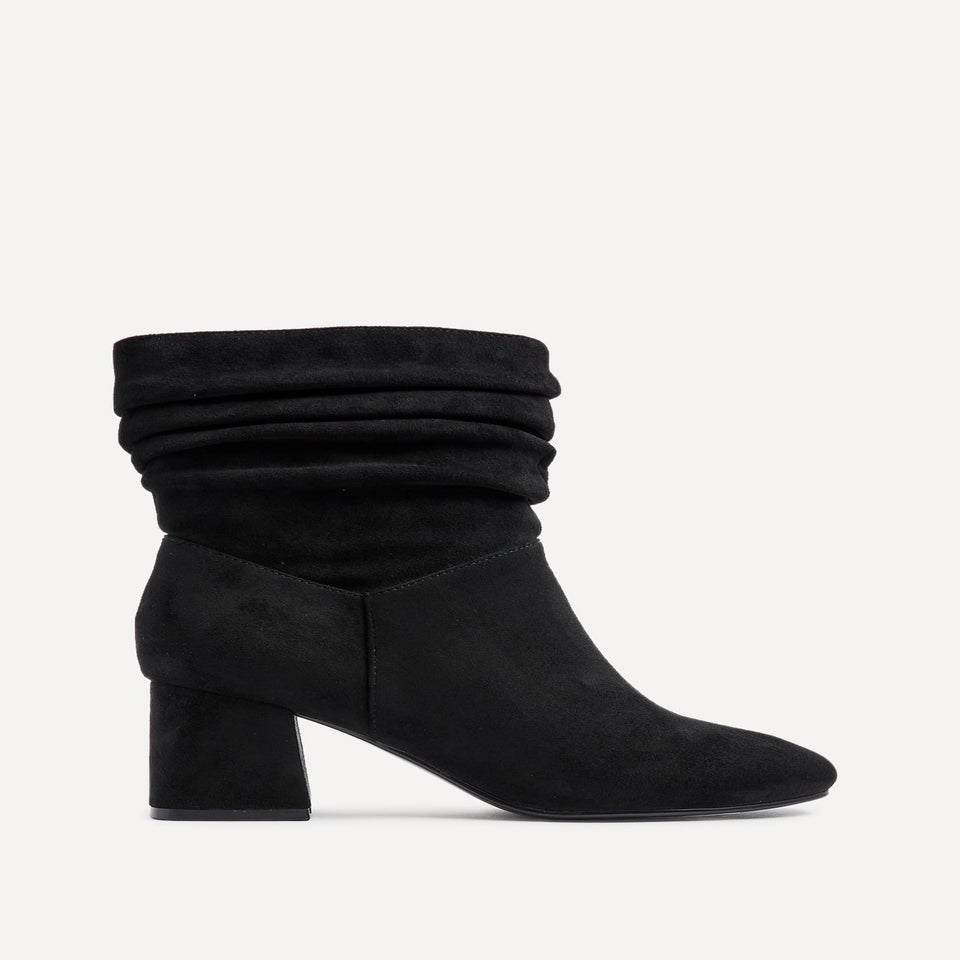 Linzi Zayda Wide Fit Black Faux Suede Ruched Heeled Ankle Boot