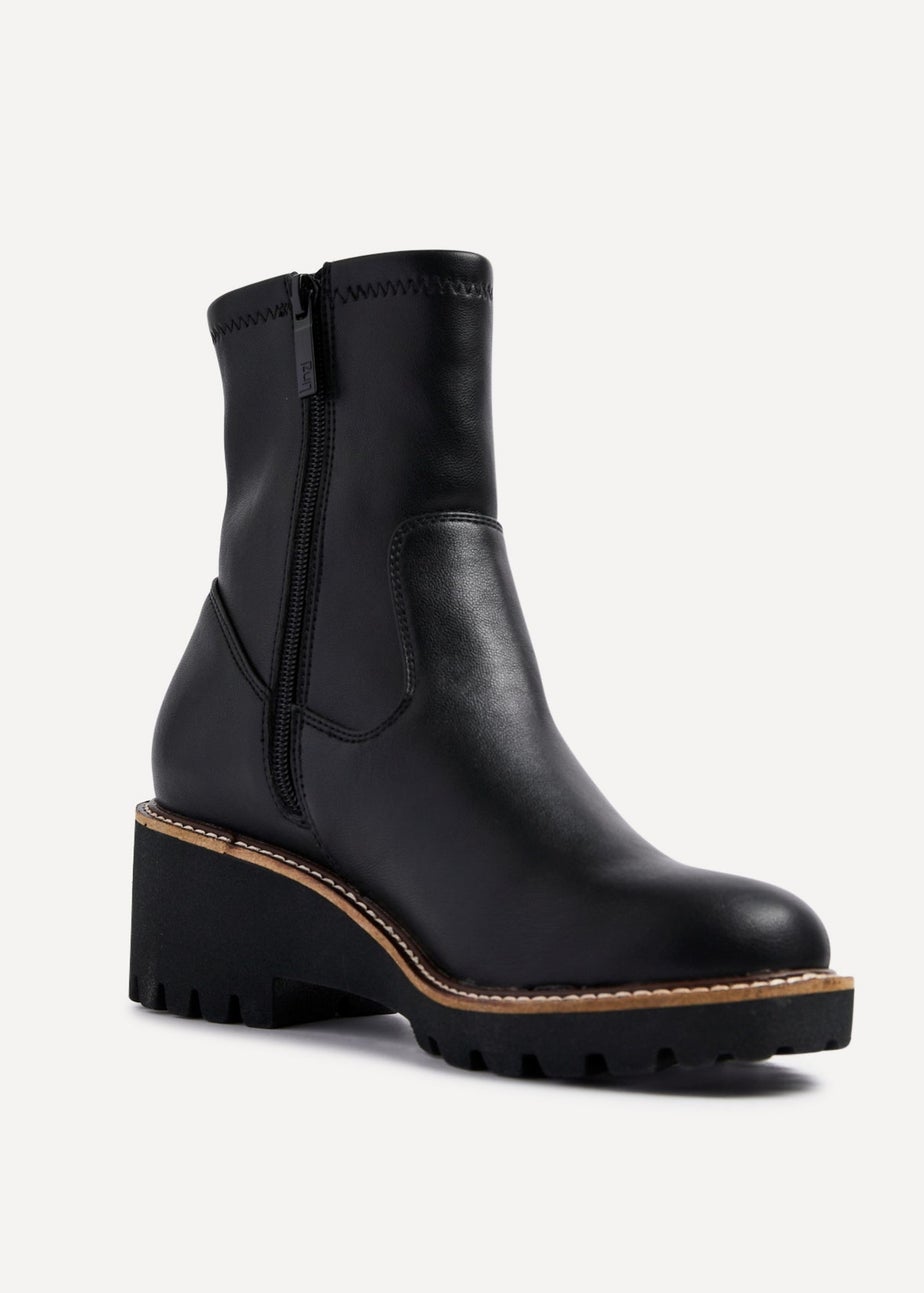 Linzi Trish Black Faux Leather Wedged Heel Ankle Boot