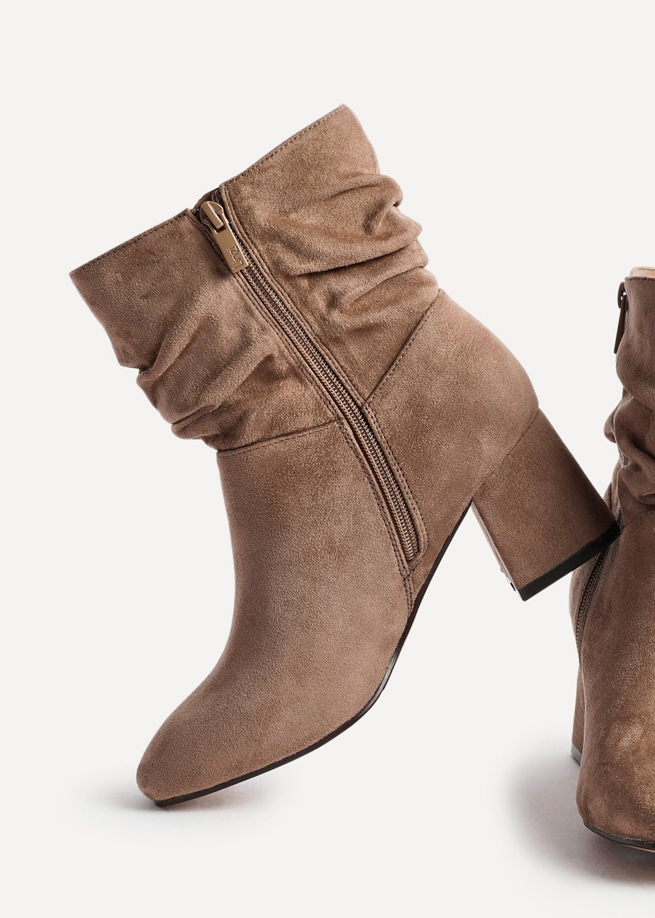 Linzi Zayda Wide Fit Mocha Faux Suede Ruched Heeled Ankle Boot