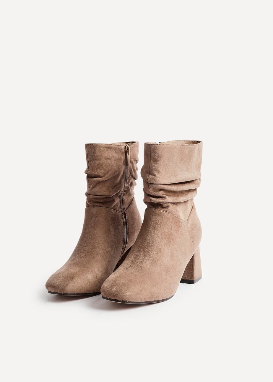Linzi Zayda Wide Fit Mocha Faux Suede Ruched Heeled Ankle Boot