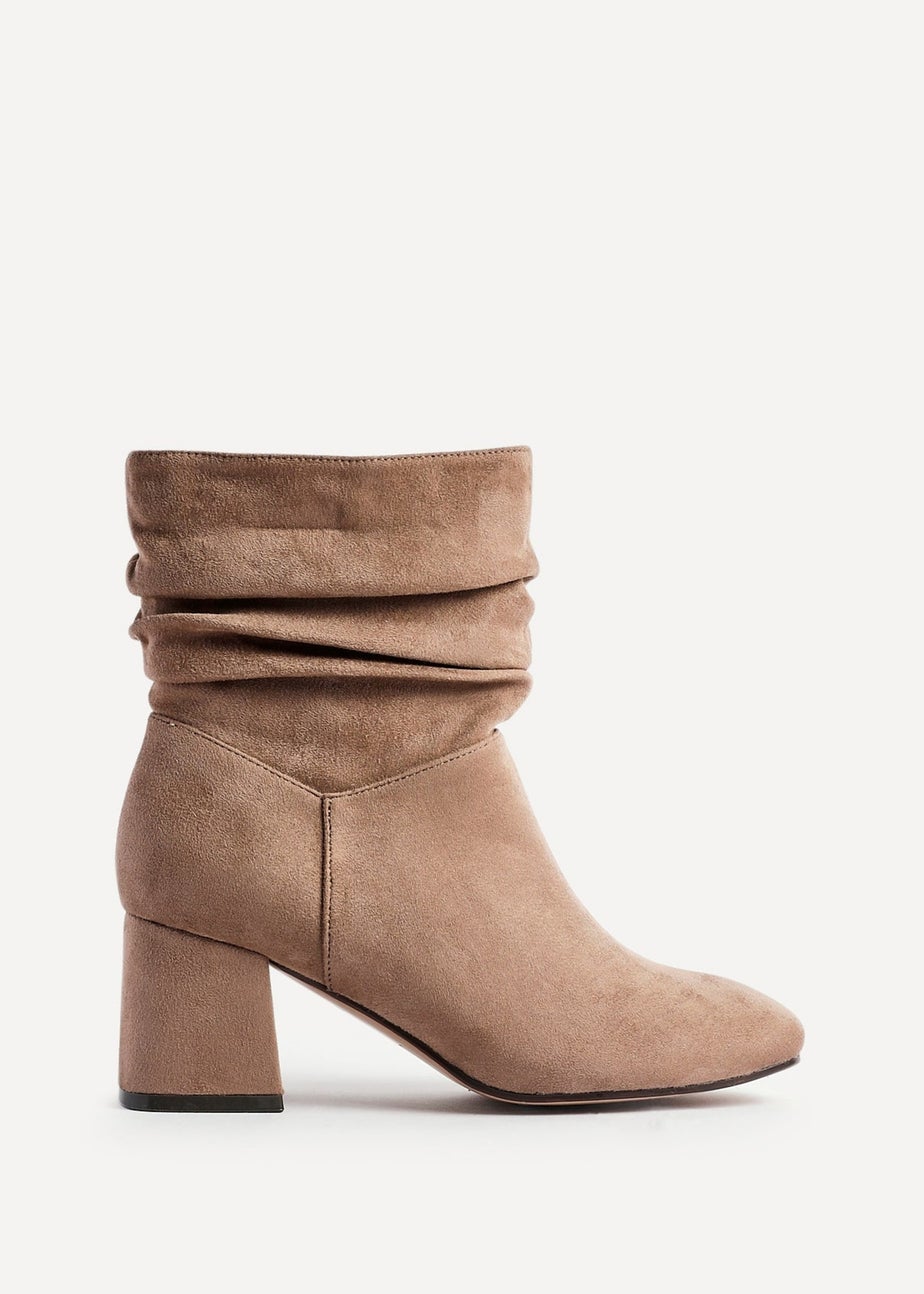 Linzi Zayda Wide Fit Mocha Faux Suede Ruched Heeled Ankle Boot