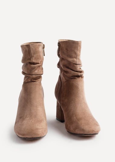 Linzi Zayda Wide Fit Mocha Faux Suede Ruched Heeled Ankle Boot