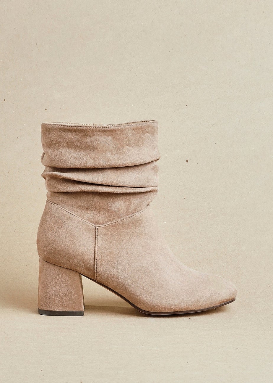 Linzi Zayda Wide Fit Mocha Faux Suede Ruched Heeled Ankle Boot