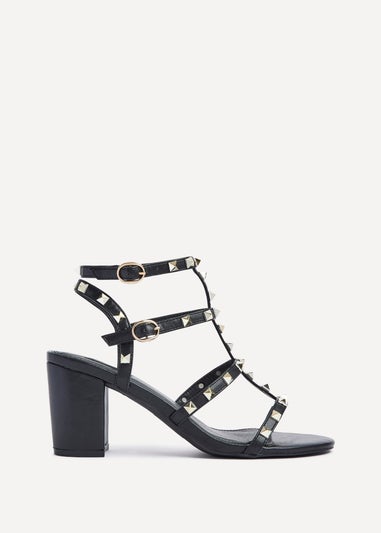 Linzi Tessa Black & Gold Studded Block Heel Sandals