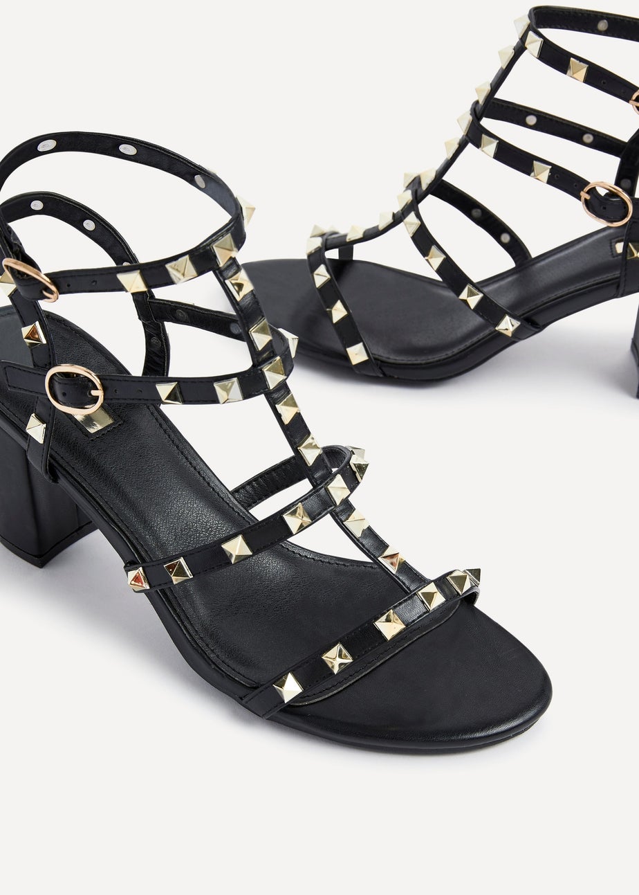 Linzi Tessa Black & Gold Studded Block Heel Sandals