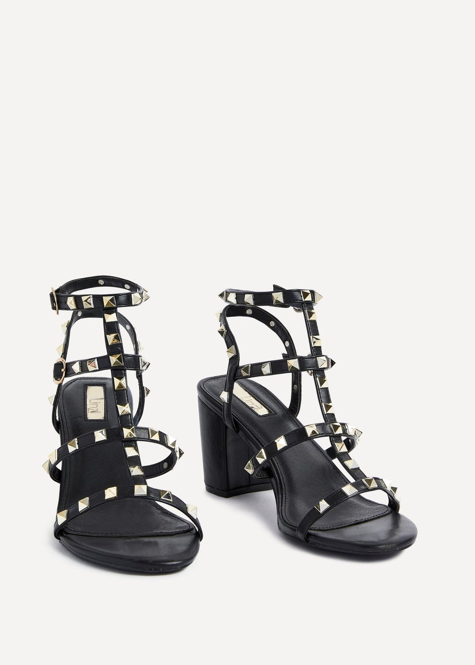 Linzi Tessa Black & Gold Studded Block Heel Sandals