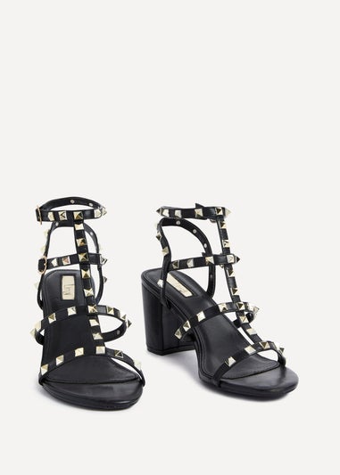 Linzi Tessa Black & Gold Studded Block Heel Sandals