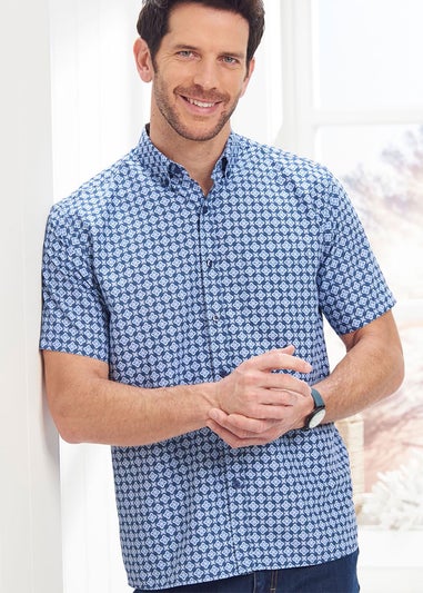 Cotton Traders Smoke Blue Short Sleeve Soft Touch Print Shirt