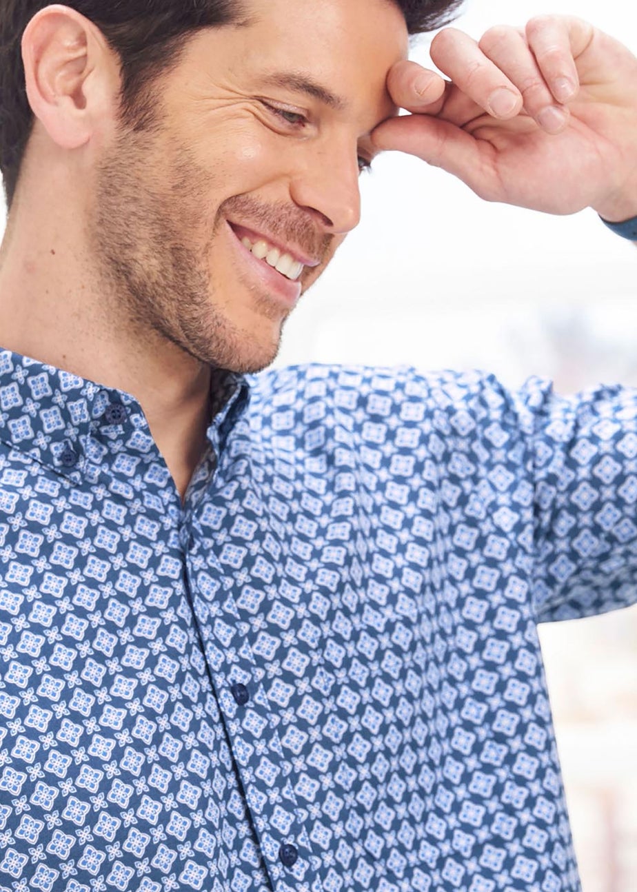 Cotton Traders Smoke Blue Short Sleeve Soft Touch Print Shirt