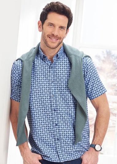 Cotton Traders Smoke Blue Short Sleeve Soft Touch Print Shirt