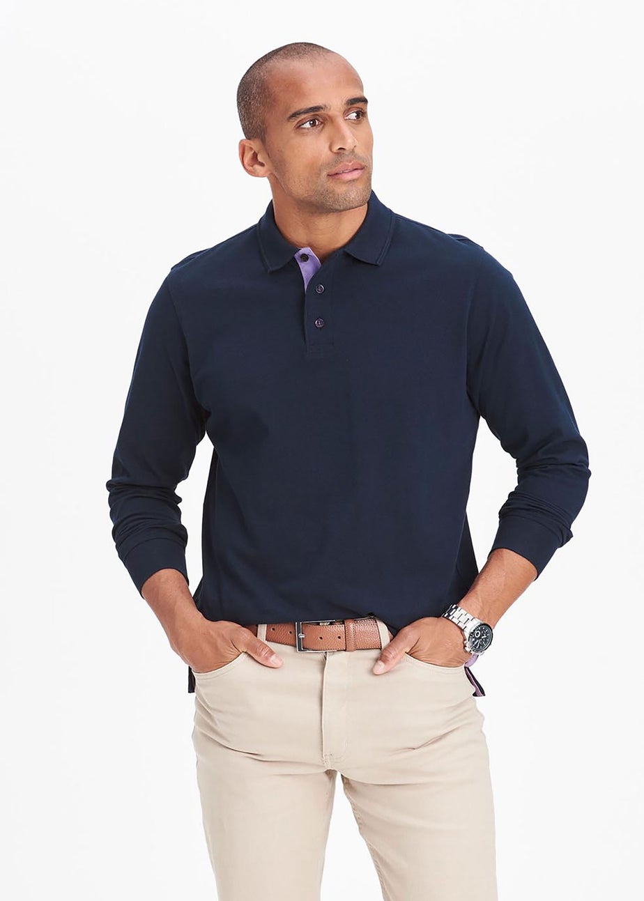 Cotton Traders Navy Long Sleeve Polo Shirt