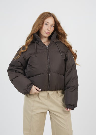 Brave Soul Chocolate Oversized Hooded Short Puffer Jacket