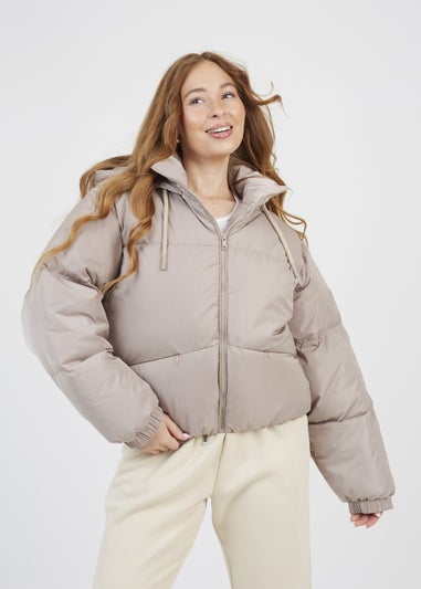 Brave Soul Stone Oversized Hooded Short Puffer Jacket