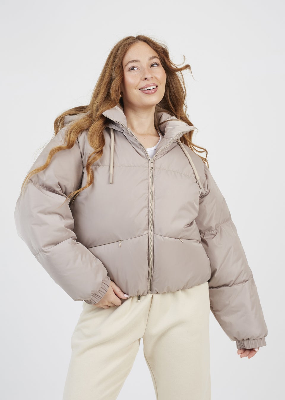 Brave Soul Stone Oversized Hooded Short Puffer Jacket