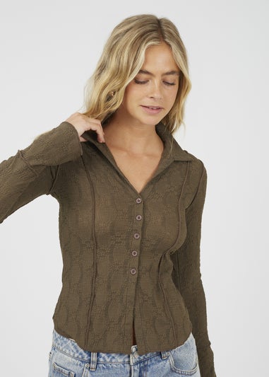 Brave Soul Brown Long Sleeve Collared Textured Jersey Top