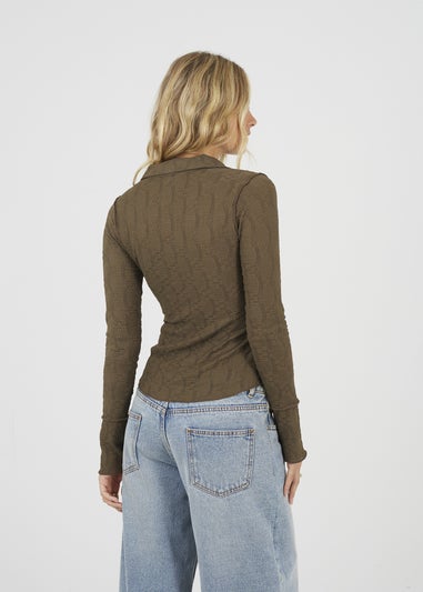 Brave Soul Brown Long Sleeve Collared Textured Jersey Top