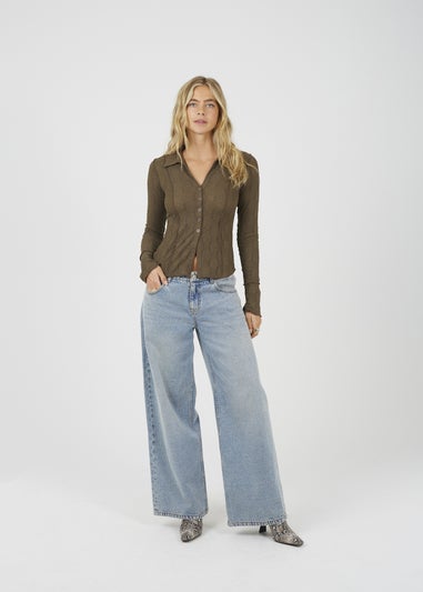 Brave Soul Brown Long Sleeve Collared Textured Jersey Top