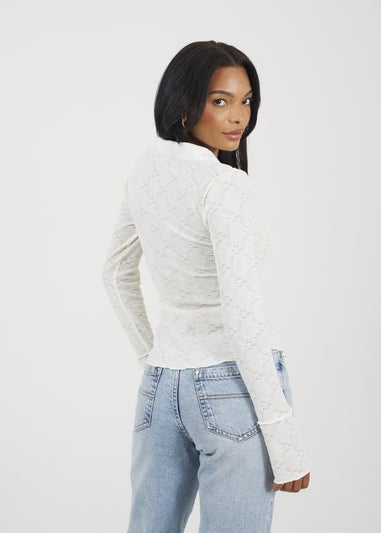 Brave Soul Cream Long Sleeve Collared Textured Jersey Top