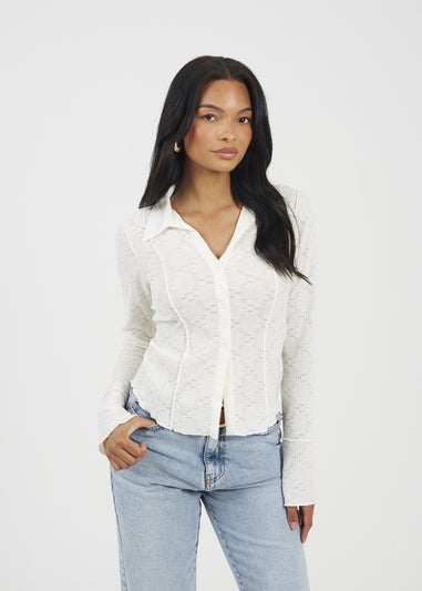 Brave Soul Cream Long Sleeve Collared Textured Jersey Top