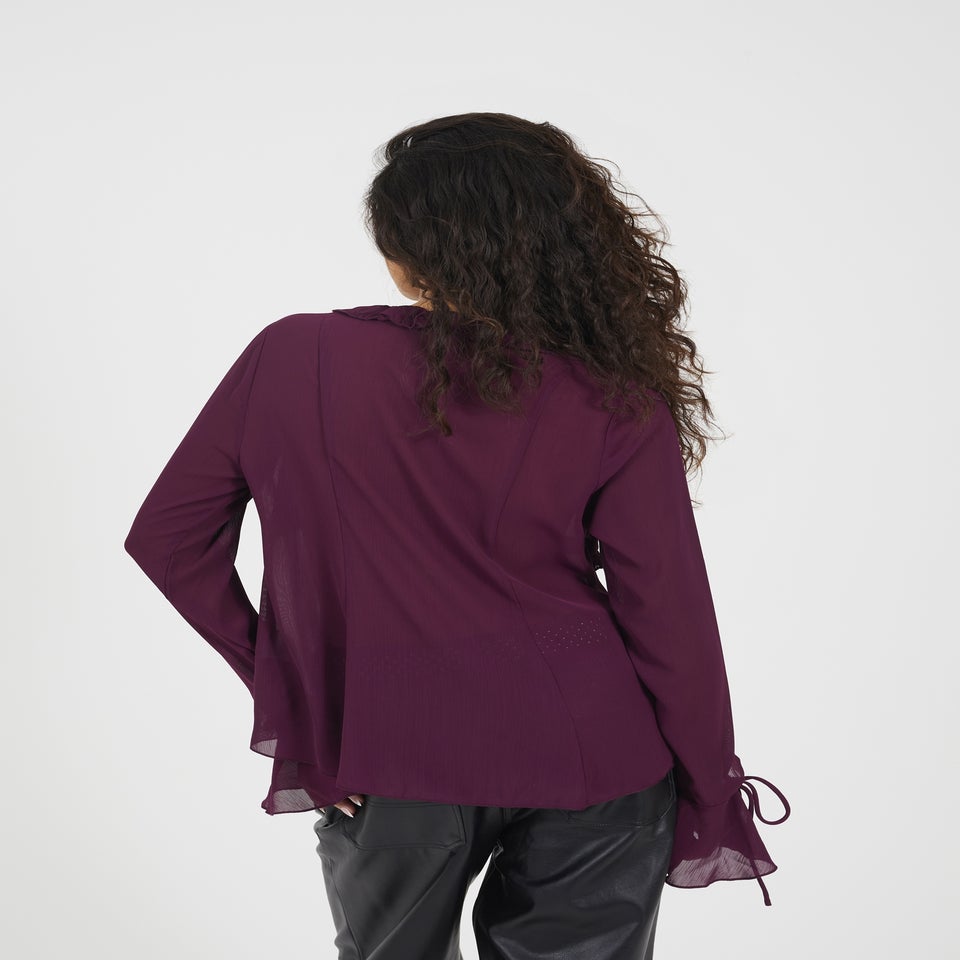 Brave Soul Burgundy Long Sleeve Mesh Ruffle Tie Front Blouse
