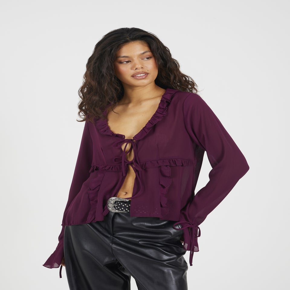 Brave Soul Burgundy Long Sleeve Mesh Ruffle Tie Front Blouse