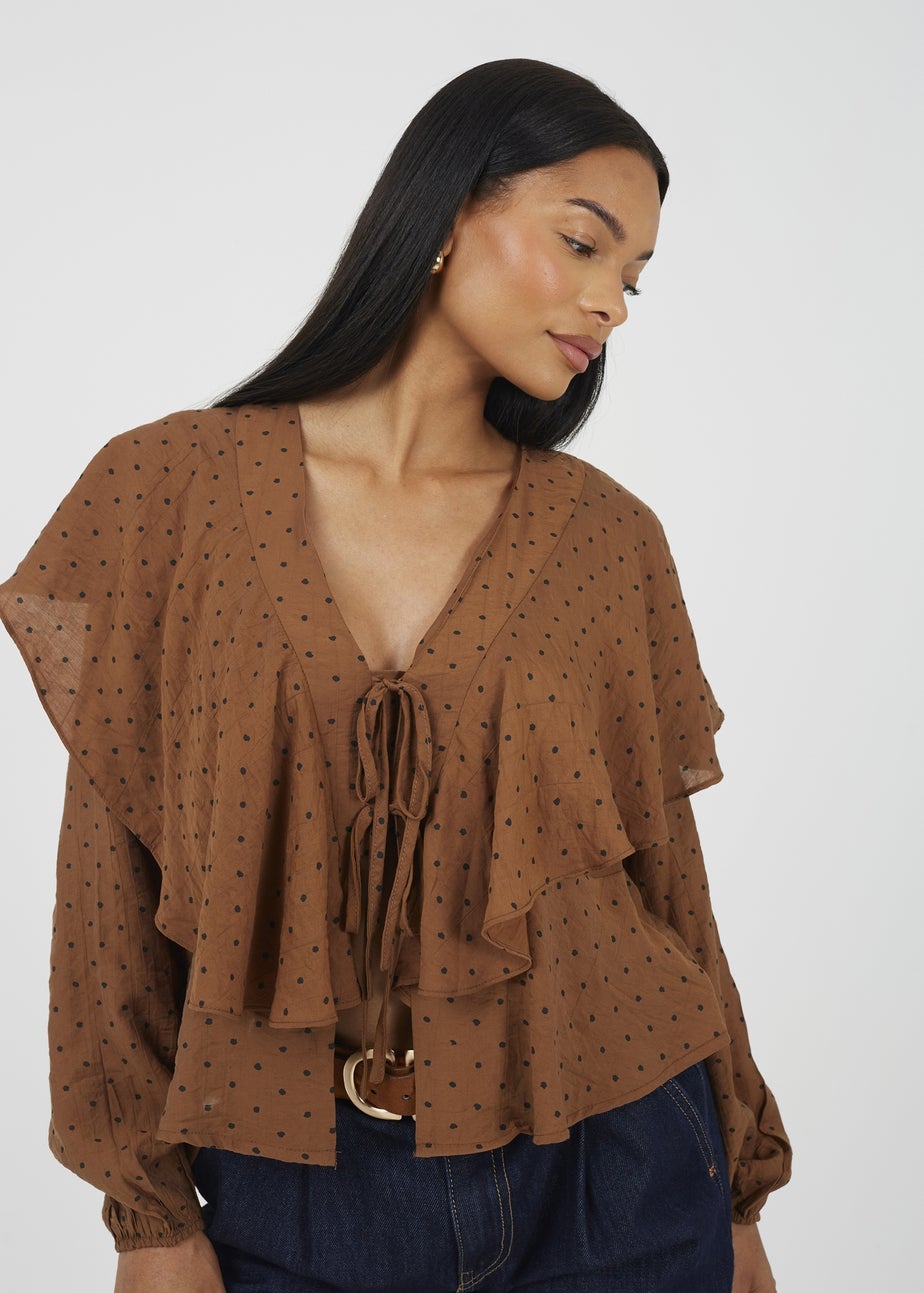 Brave Soul Brown Long Sleeve Top With Frill Detail
