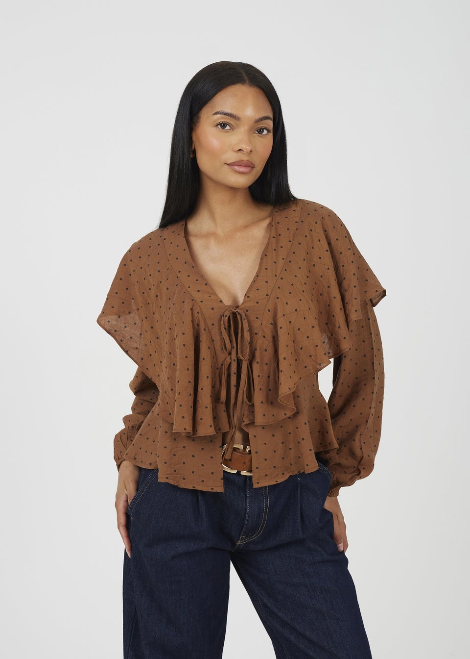 Brave Soul Brown Long Sleeve Top With Frill Detail