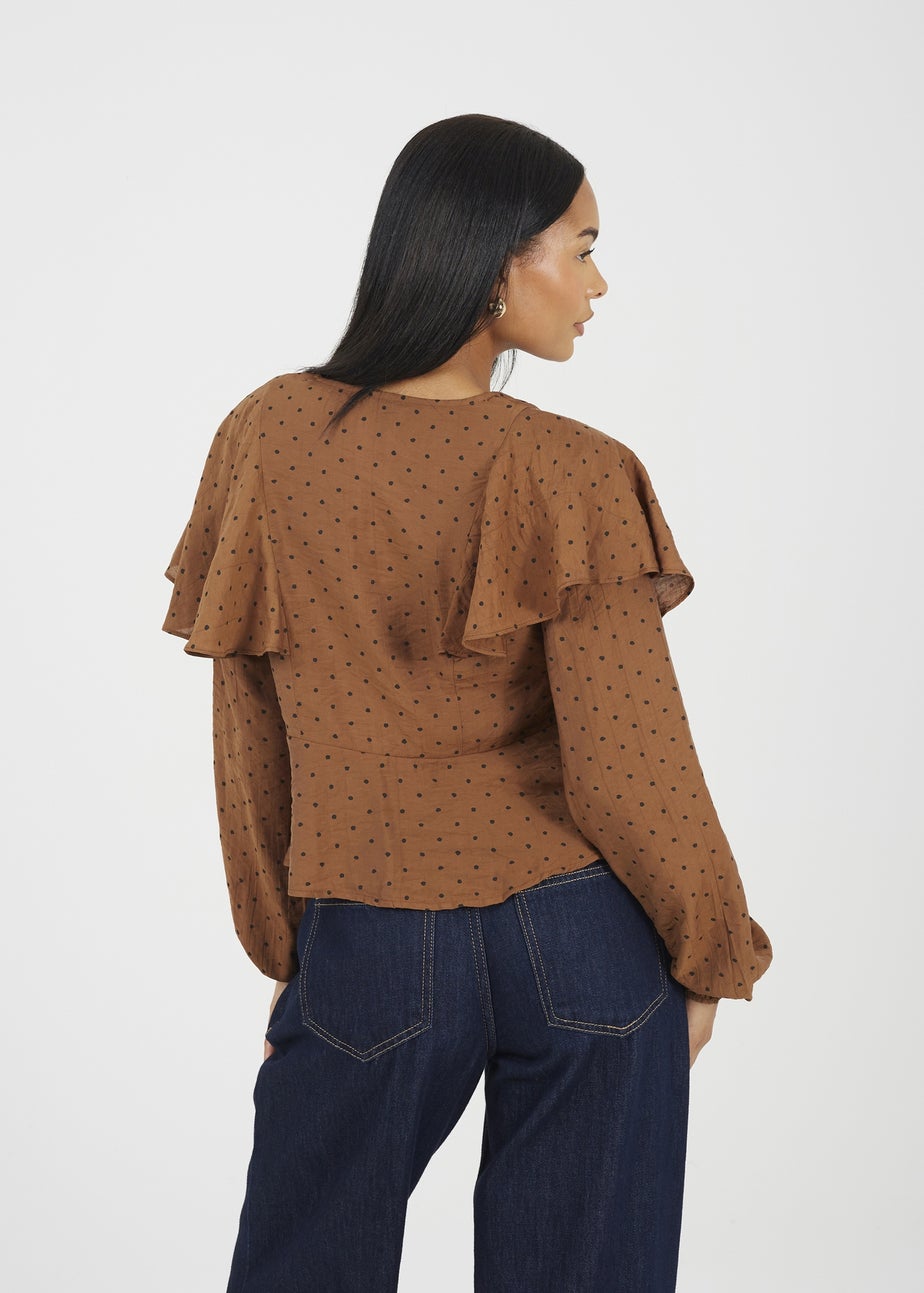 Brave Soul Brown Long Sleeve Top With Frill Detail