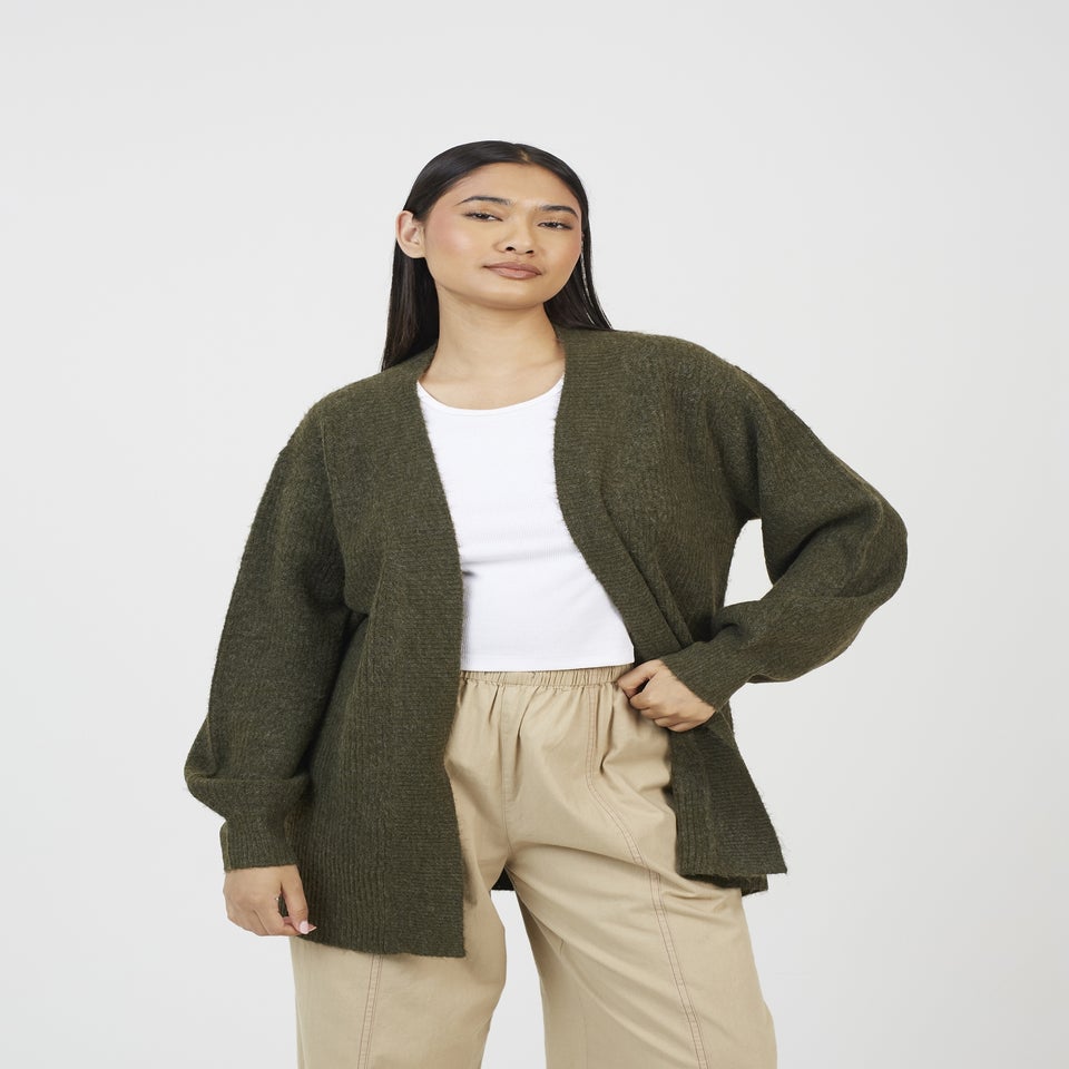 Brave Soul Khaki Fisherman Knit Dropped Shoulder Cardigan