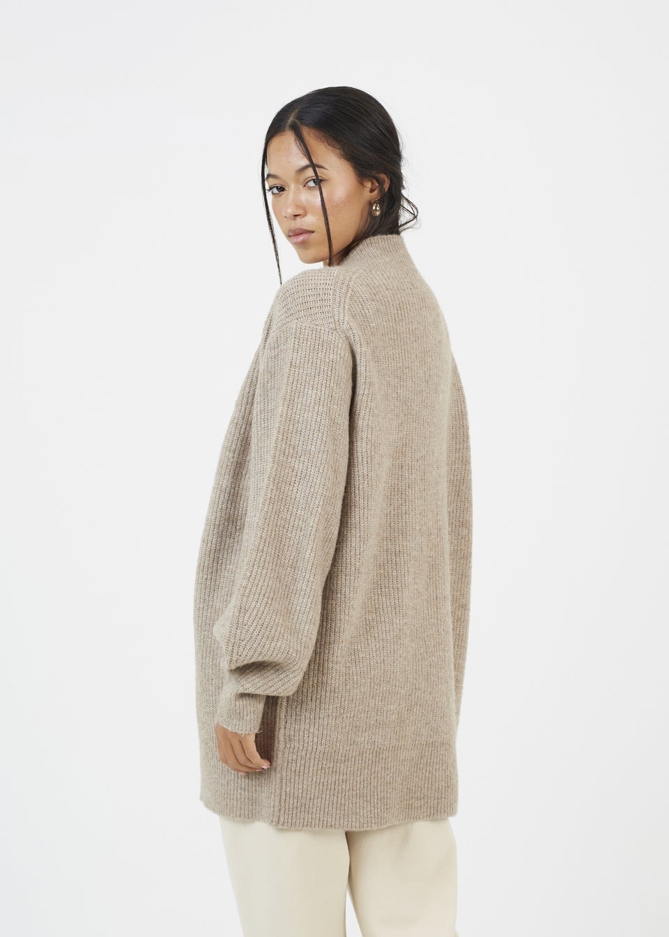 Brave Soul Taupe Fisherman Knit Dropped Shoulder Cardigan