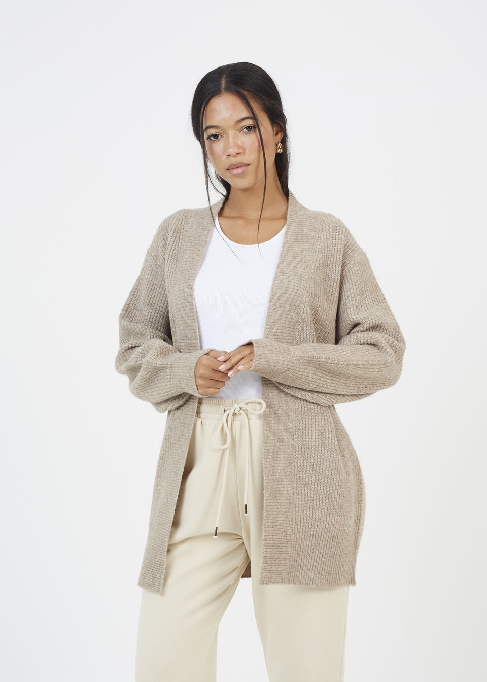 Brave Soul Taupe Fisherman Knit Dropped Shoulder Cardigan