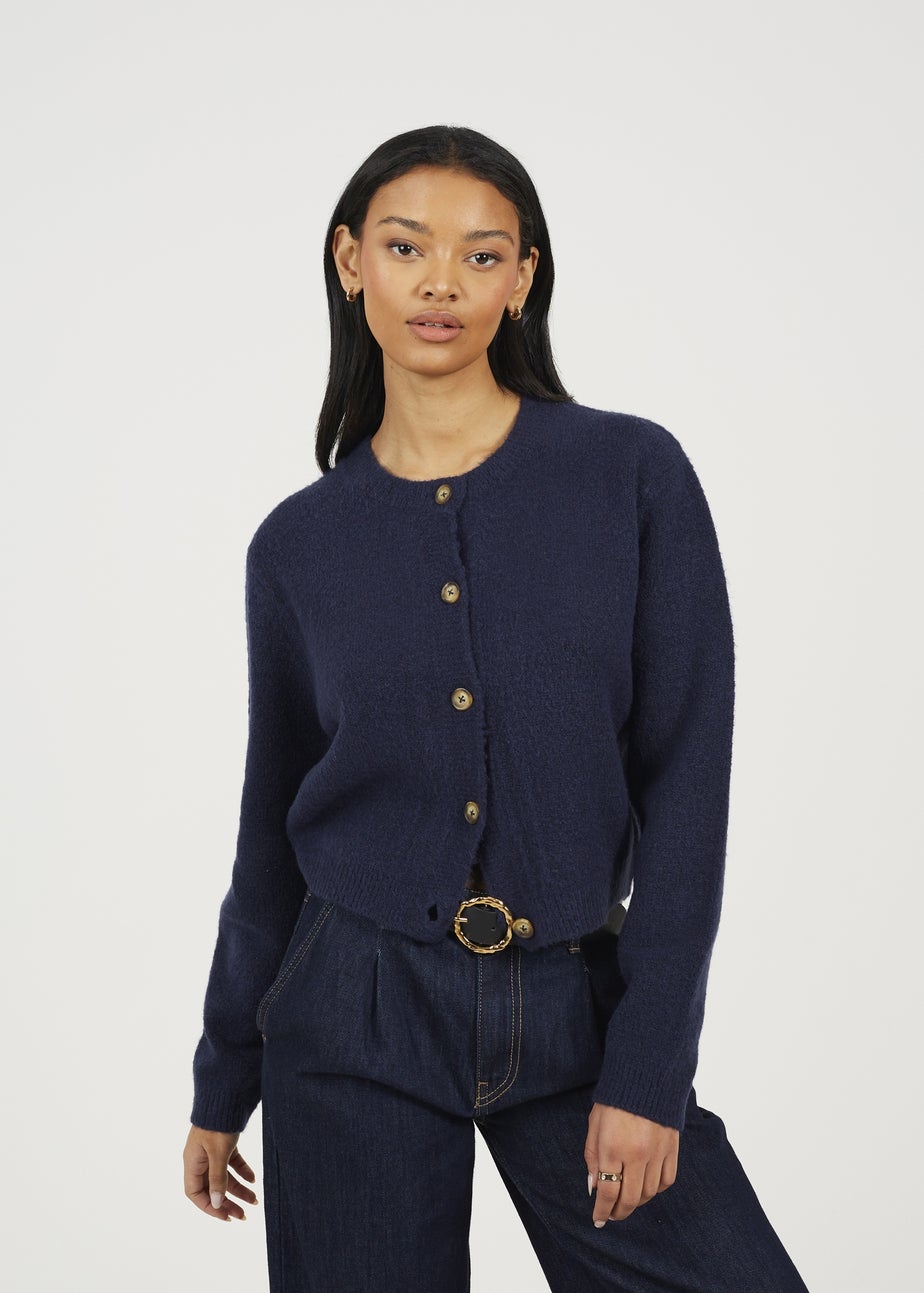 Brave Soul Navy Round Neck Jersey Knit Cardigan
