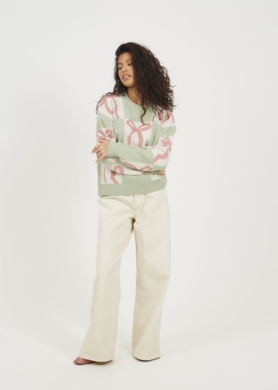 Brave Soul Soft Green Bow Jacquard Knit Jumper
