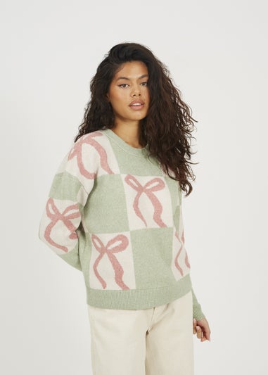 Brave Soul Soft Green Bow Jacquard Knit Jumper