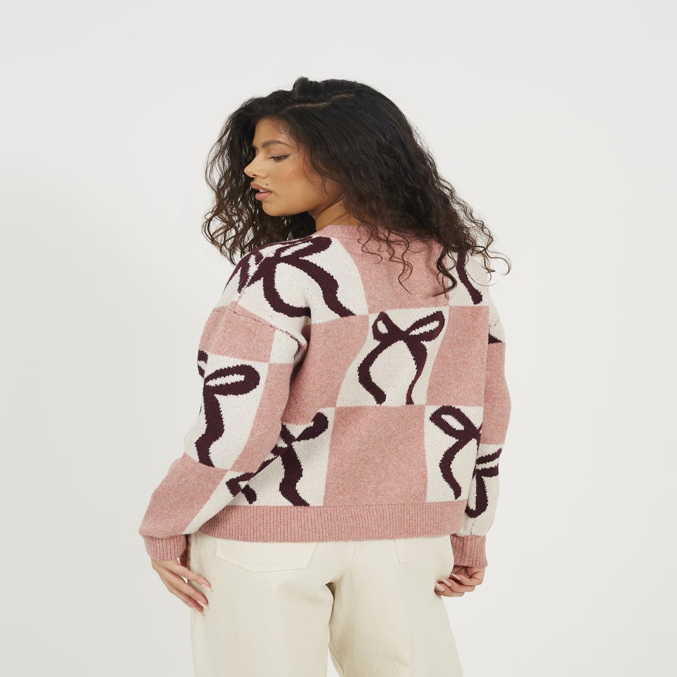 Brave Soul Pink Bow Jacquard Knit Jumper