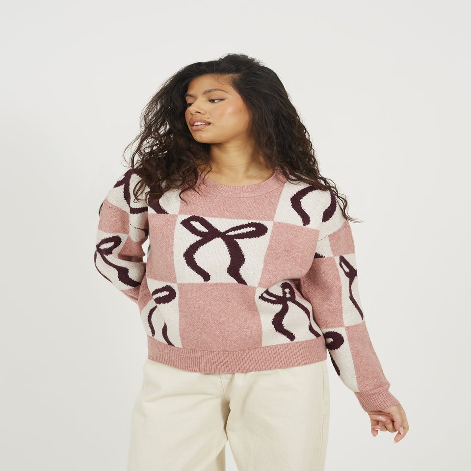 Brave Soul Pink Bow Jacquard Knit Jumper