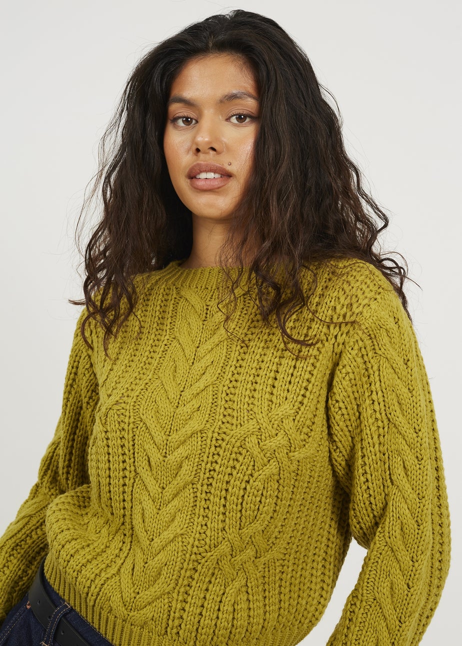 Brave Soul Green Crew Neck Cable Knit Jumper
