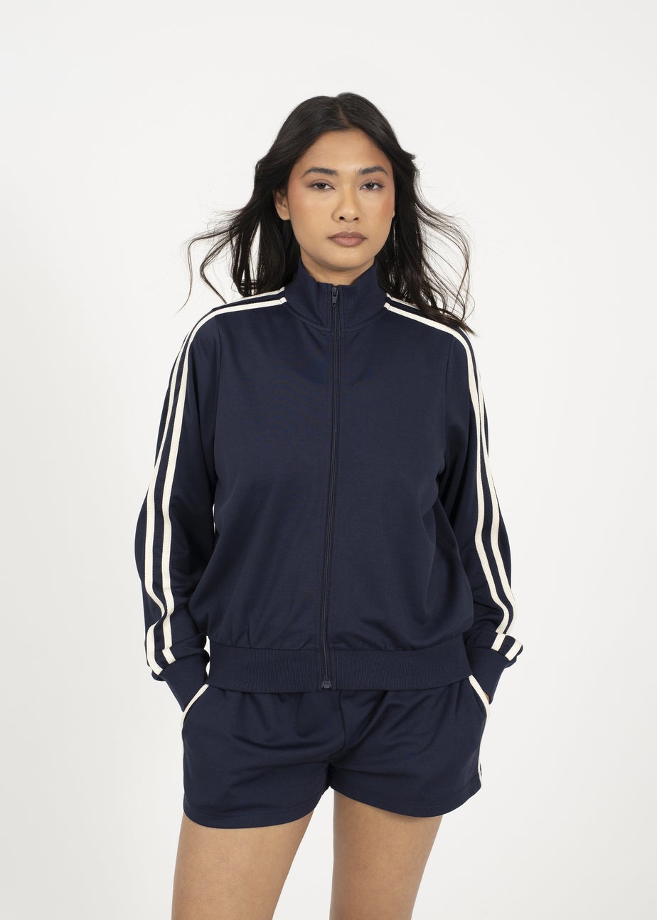 Brave Soul Navy Side Stripe Zip Through Sweatshirt