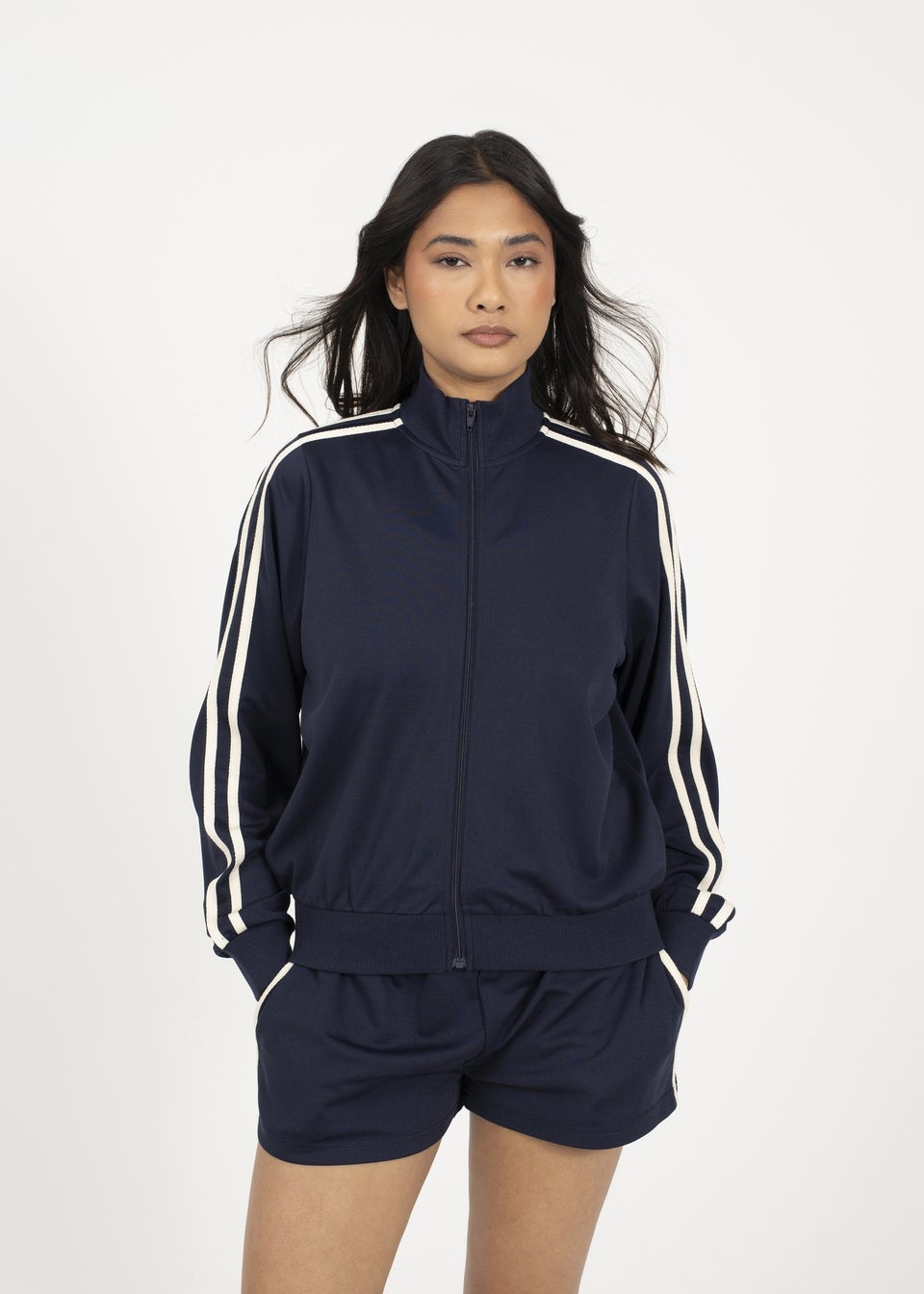 Brave Soul Navy Side Stripe Zip Through Sweatshirt