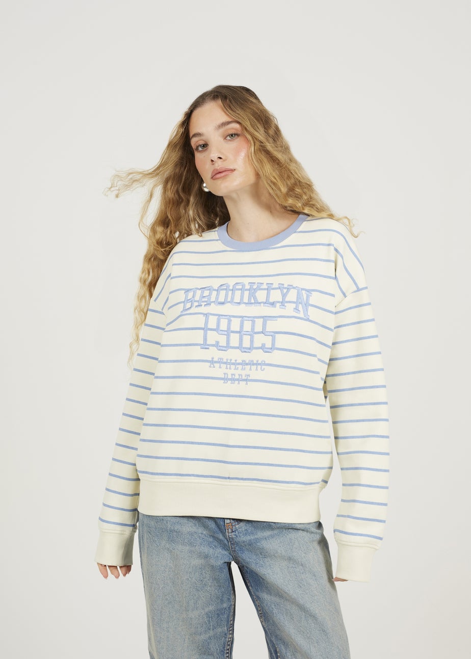 Brave Soul Cream Stripe Embroidered Crew Neck Sweatshirt