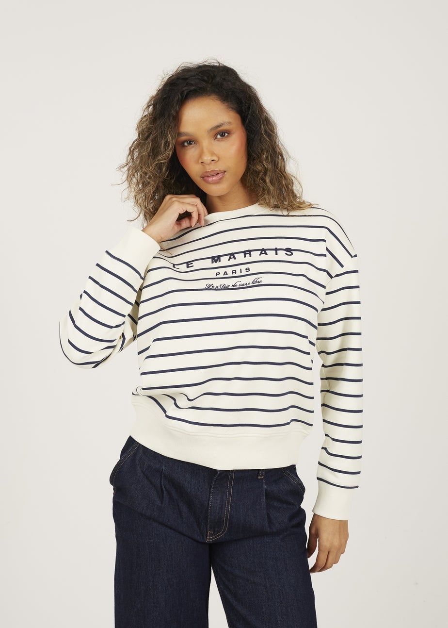 Brave Soul Navy Stripe Embroidered Crew Neck Sweatshirt