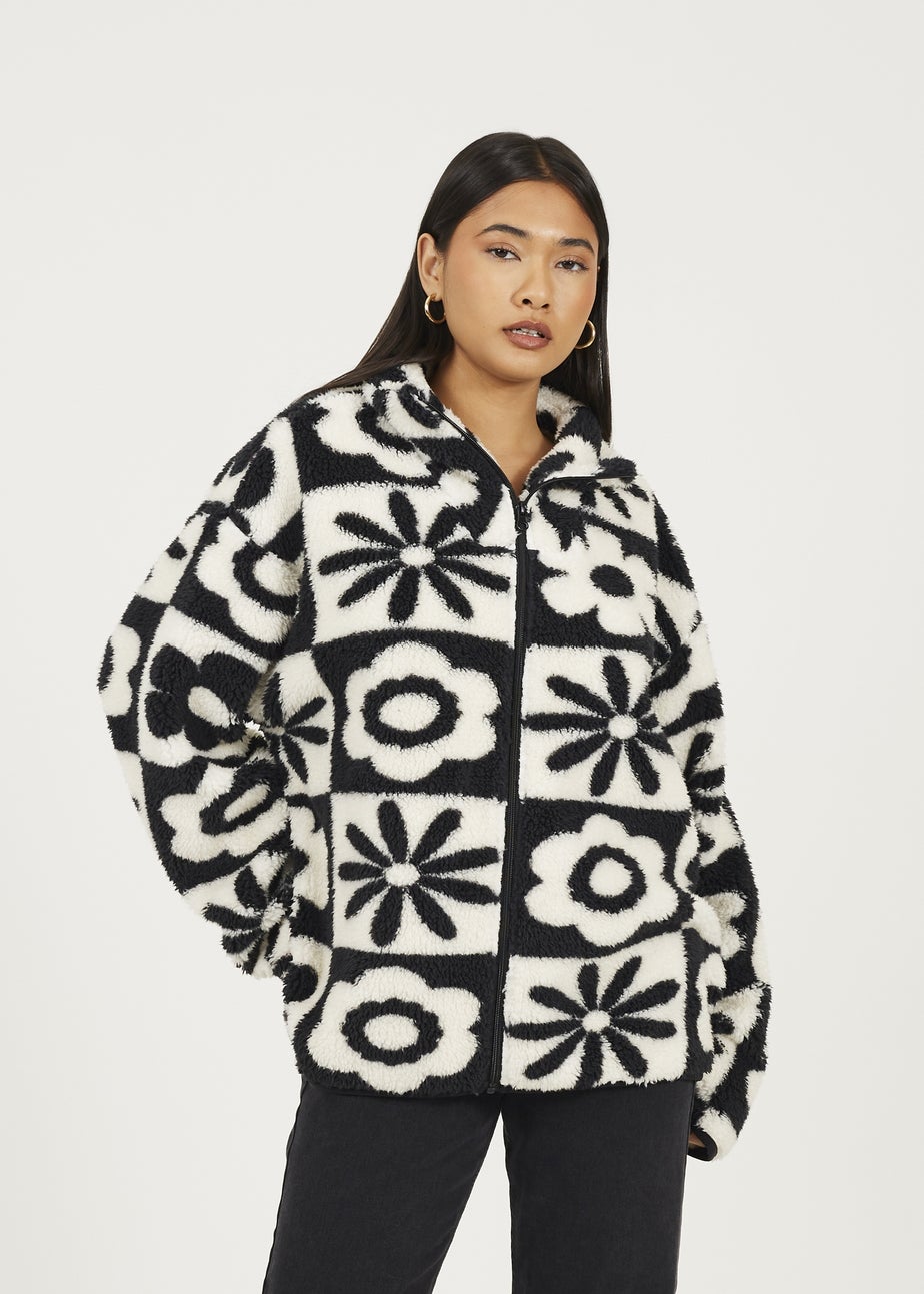 Brave Soul Black Graphic Flower Print Zip Through Sherpa Fleece