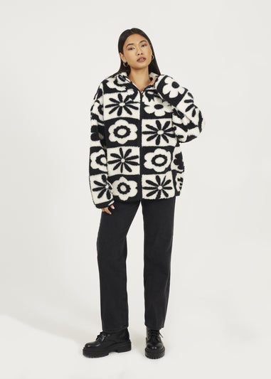 Brave Soul Black Graphic Flower Print Zip Through Sherpa Fleece