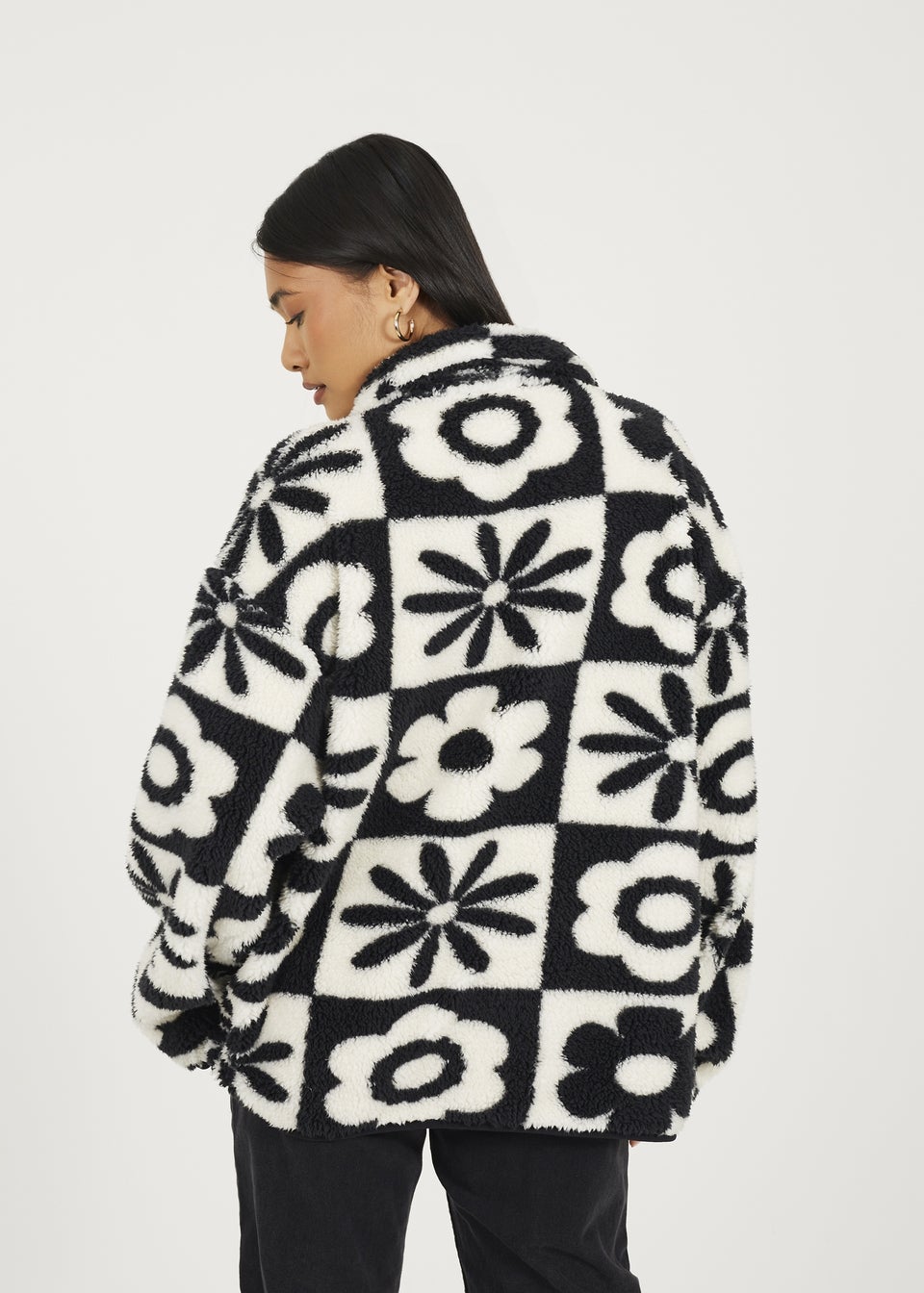 Brave Soul Black Graphic Flower Print Zip Through Sherpa Fleece