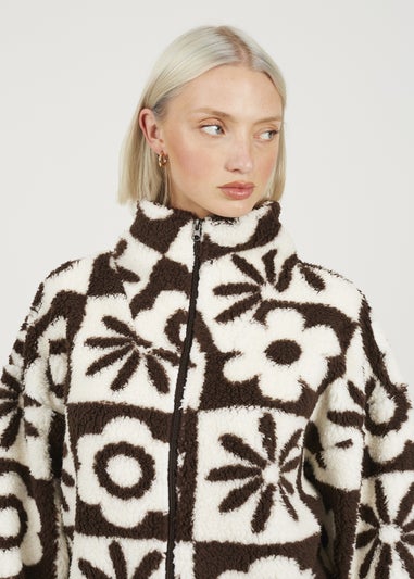 Brave Soul Chocolate Graphic Flower Print Zip Through Sherpa Fleece