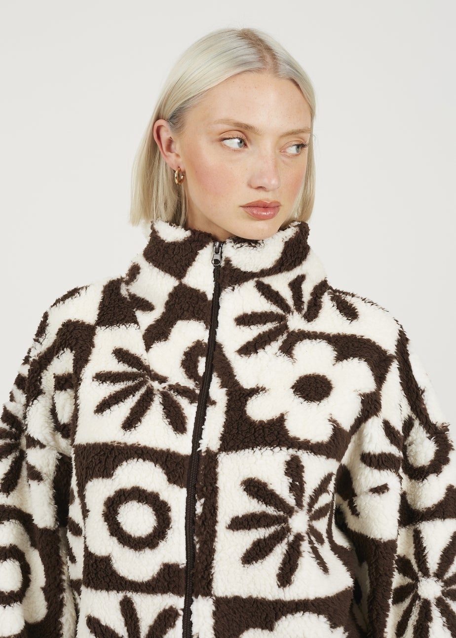 Brave Soul Chocolate Graphic Flower Print Zip Through Sherpa Fleece