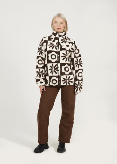 Brave Soul Chocolate Graphic Flower Print Zip Through Sherpa Fleece